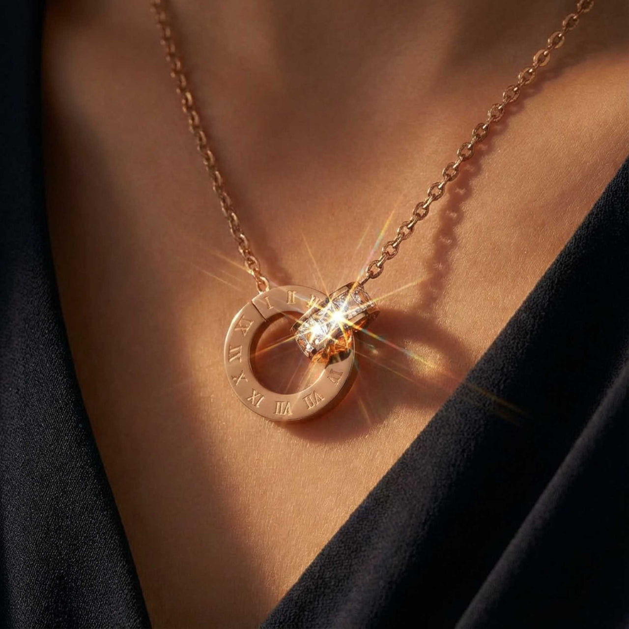 Halskette mit verbundenen Ringen & Kristallen