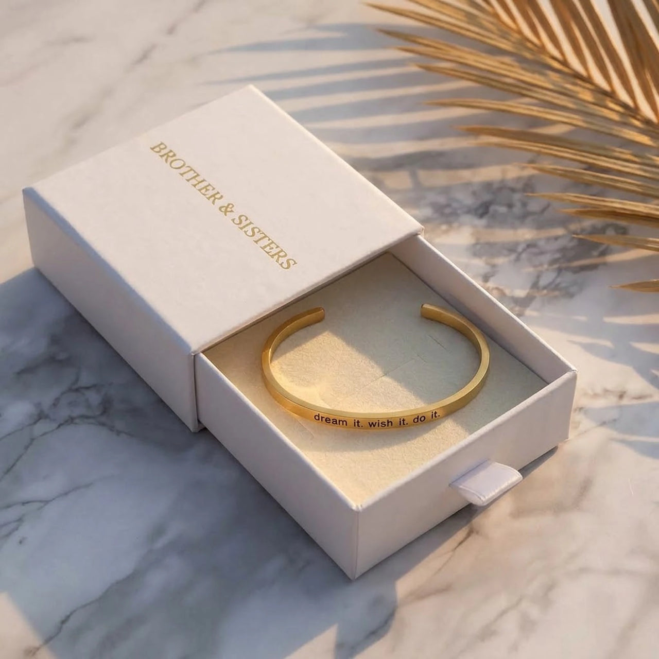 Gold engraved cuff bracelet in the Brother & Sisters gift box | SKU: 4214557-gold-color