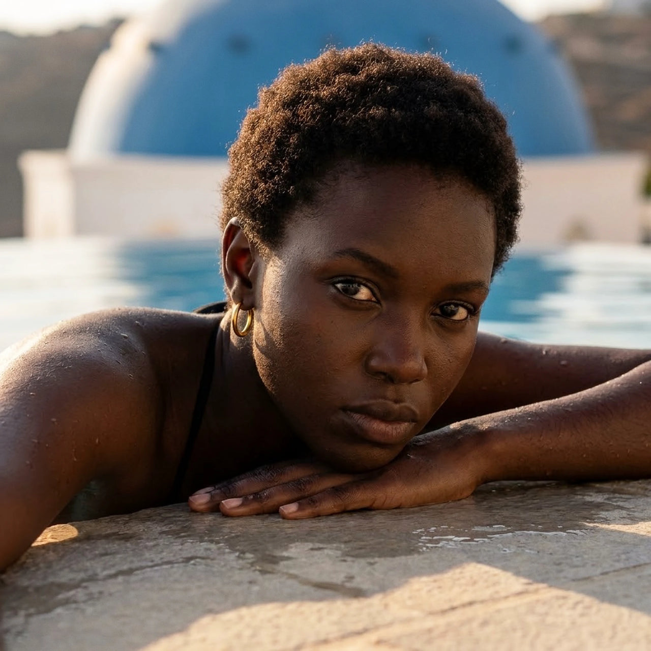 Everyday Waterproof Hoops in Gold, worn by a pool in Santorini | SKU: 41001-gold