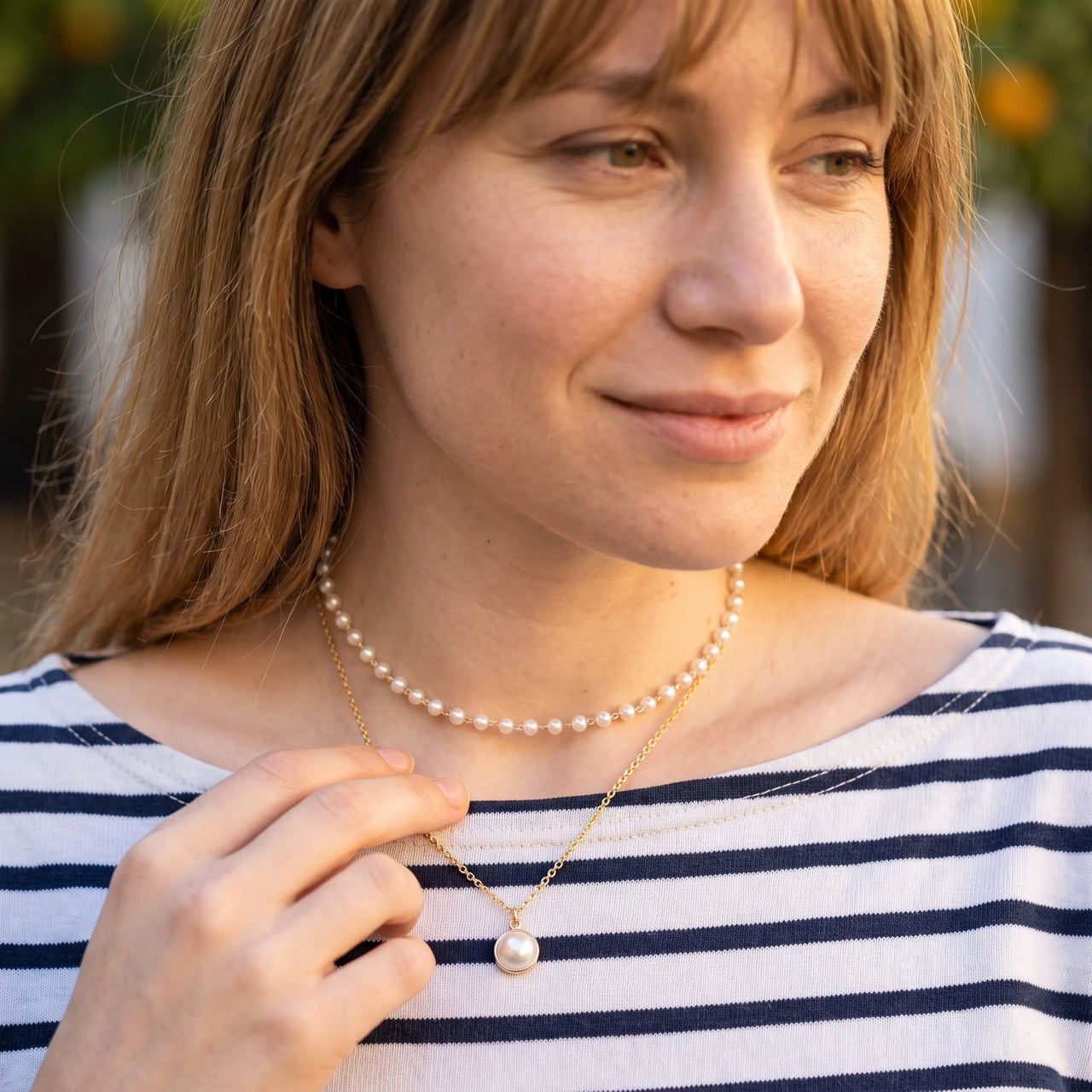 Perlenkette gold — getragen im Alltag, Gold | SKU: lepure
