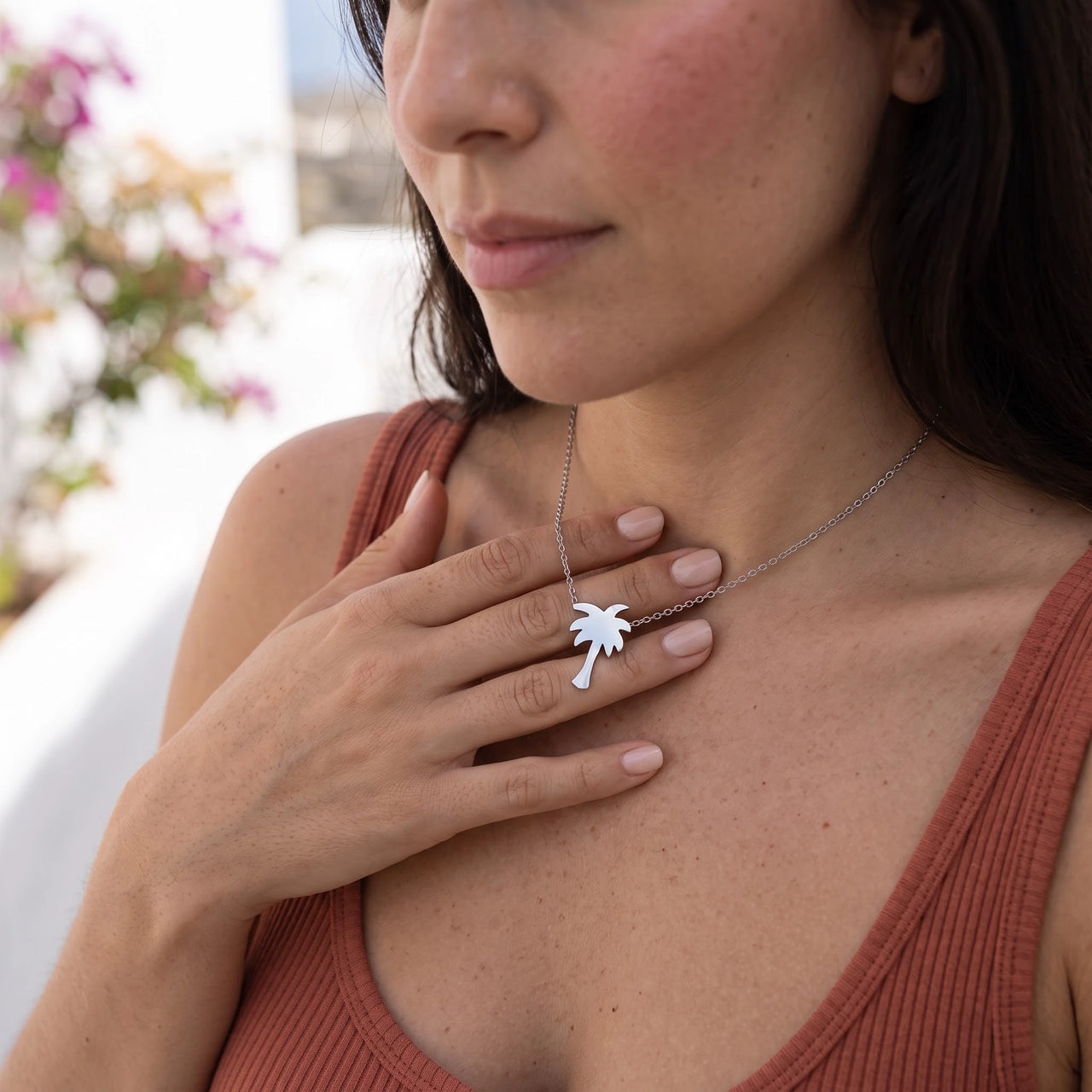 Palmen kette — getragen im Alltag, Silber | SKU: 8732822-silver-plated