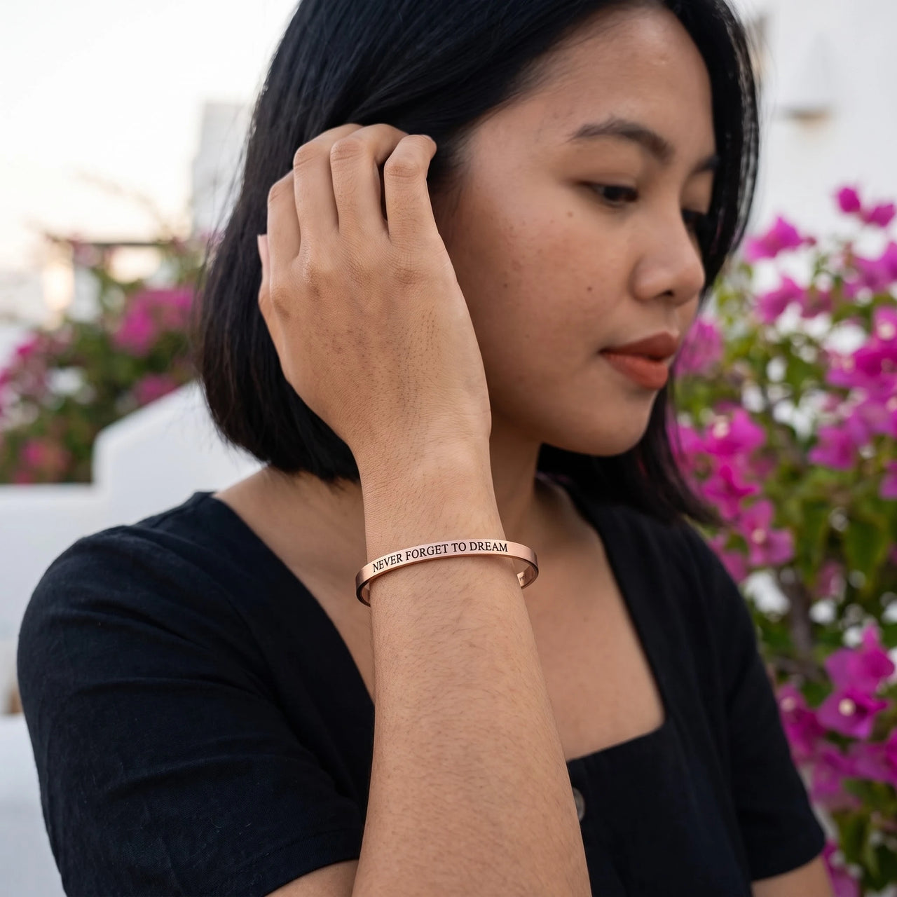 Never Forget To Dream, rose gold bracelet — worn gesture | SKU: nftd-rg