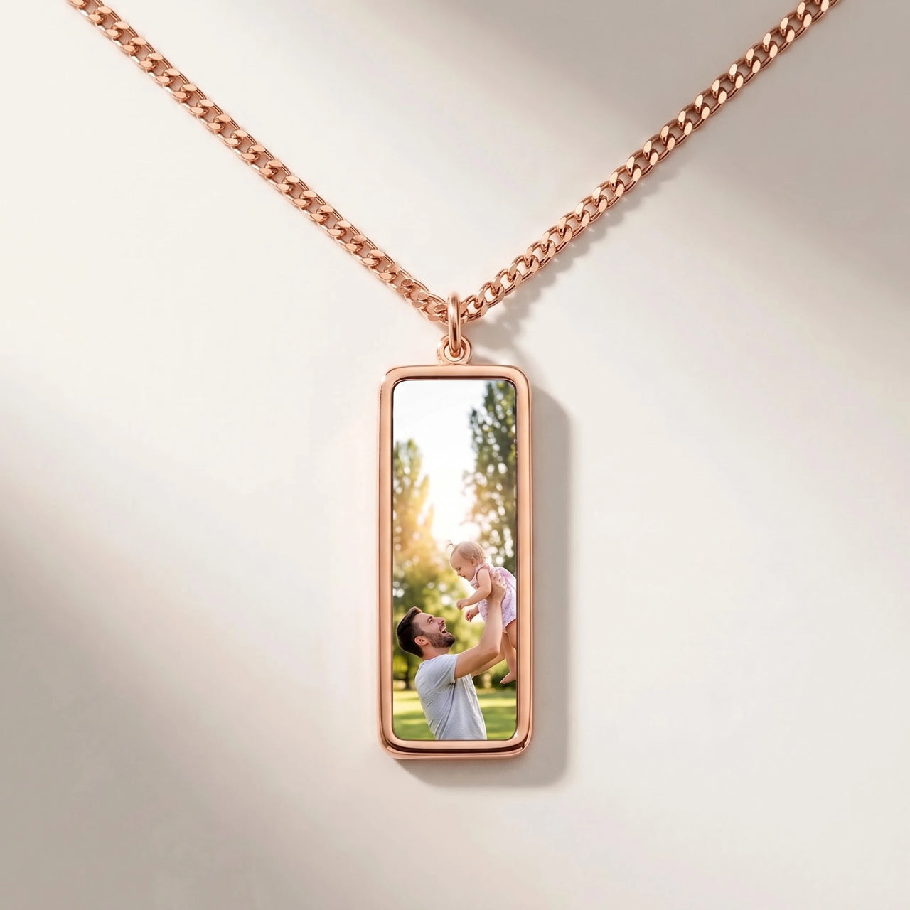 Secret Bar Photo Necklace in rose gold, black bar pendant turning into a hidden photo when warmed | SKU: TPH-BARN-ROSEGOLD
