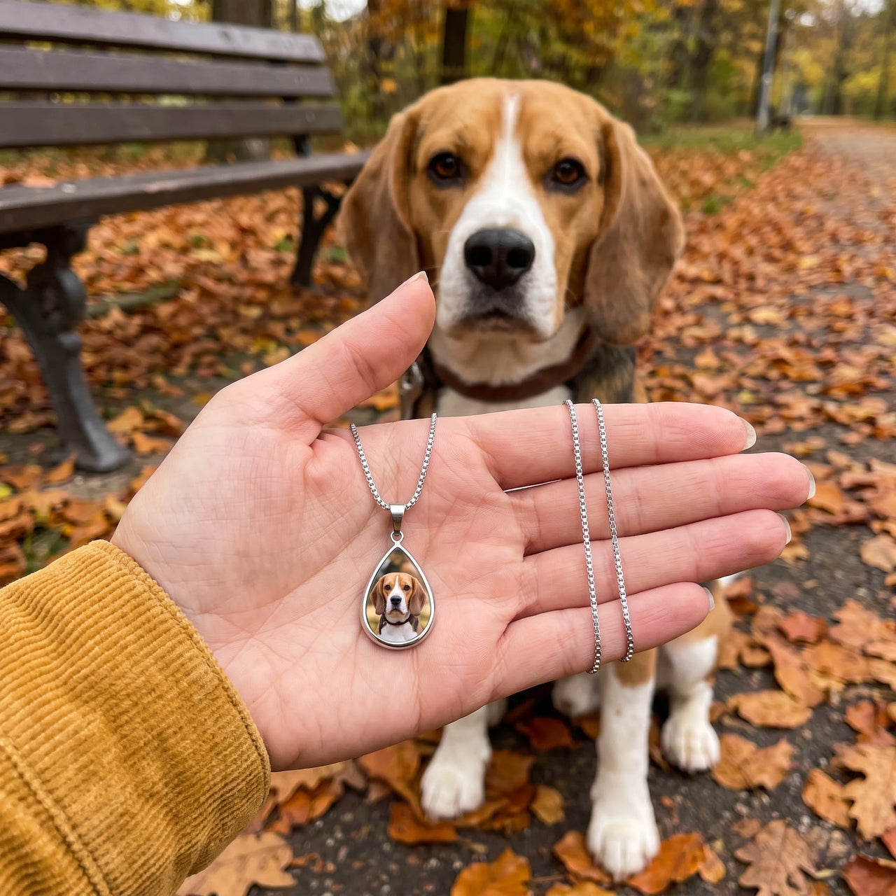 Customer photo: the silver drop photo necklace with her dog's photo, her beagle in the background | SKU: TPH-DRPN-SILVER
