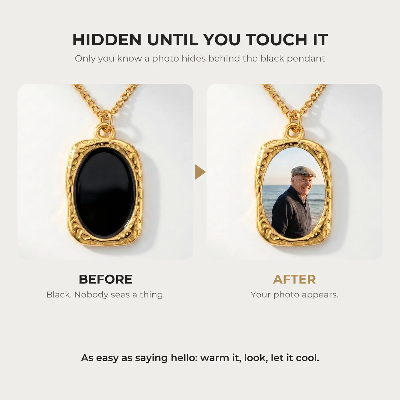 Before and after: black gold oval pendant, then the photo revealed by warmth | SKU: TPH-OVLN-GOLD