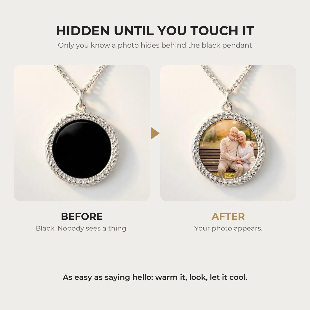 Before and after: black silver round pendant, then the photo revealed by warmth | SKU: TPH-RNDN-SILVER