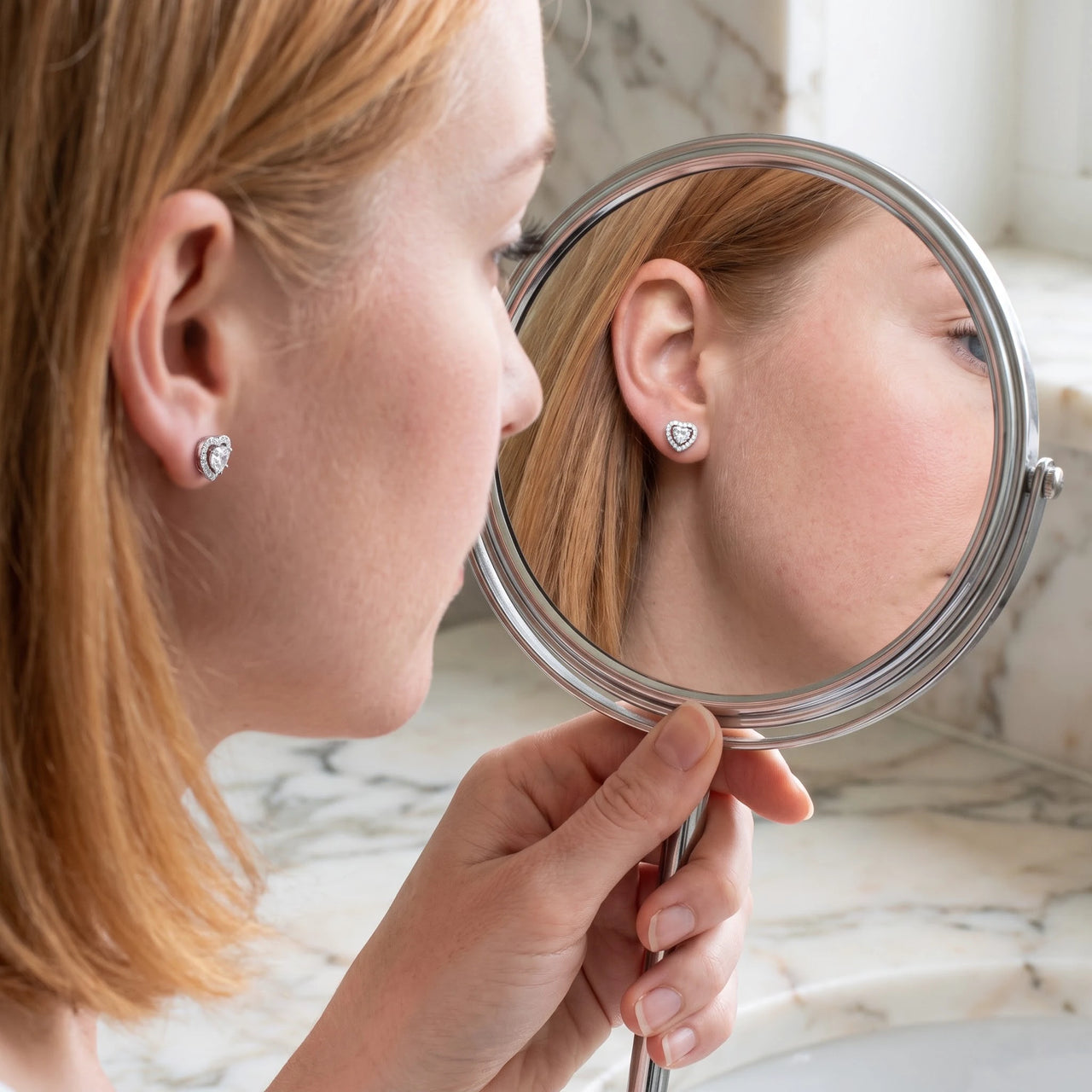 Silver stud earrings worn, showing its real size | SKU: 1953493