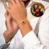 Thumbnail for Sunflower Personalized Photo Bracelet Gold - worn with hands crossed and the projected photo of a family - Brother & Sisters